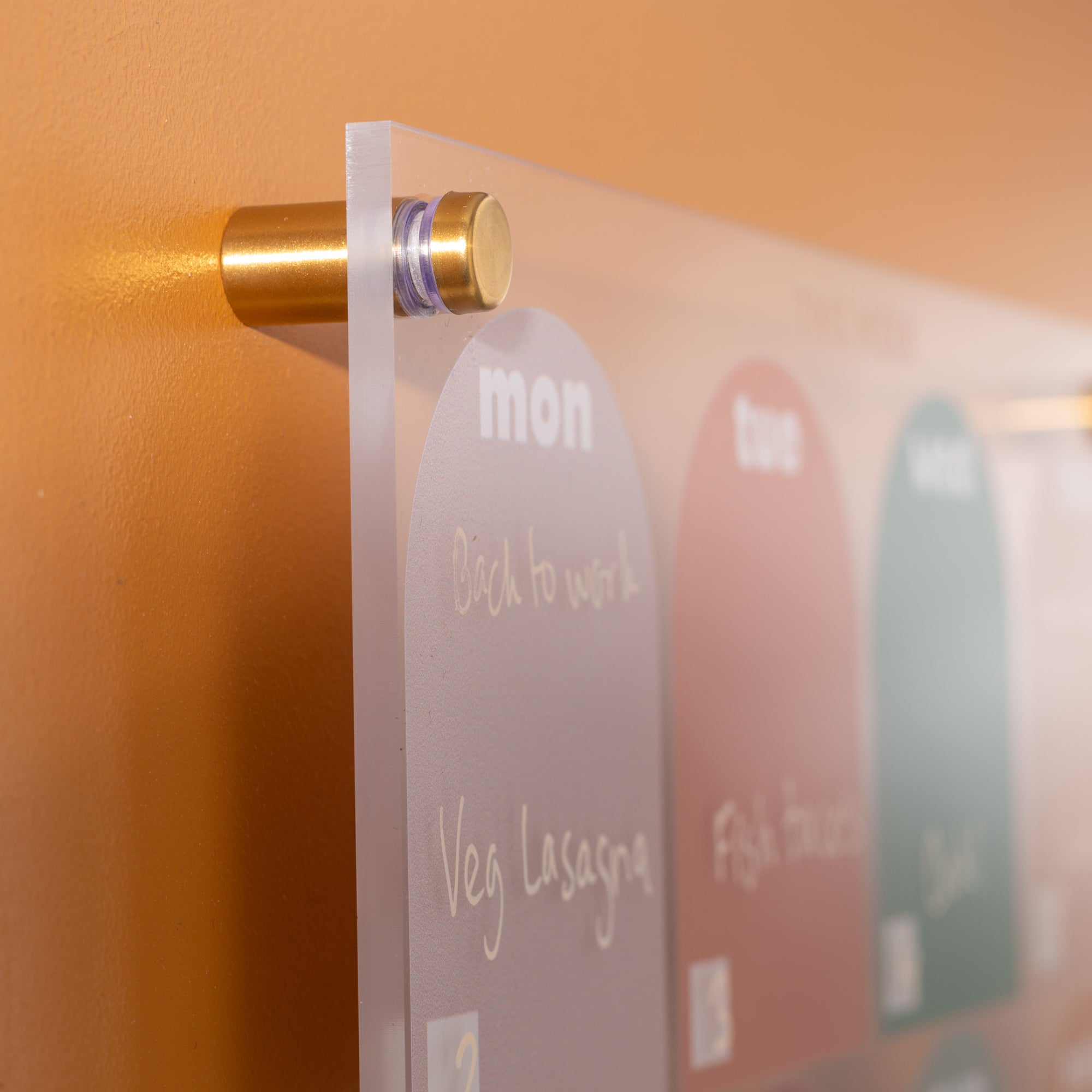 A4 Wipeable Weekly Planner in the Muted Arches Design. A4. Comes with or without wall mounts. Printed on Greencast 100% Recycled Acrylic. Made in the UK.