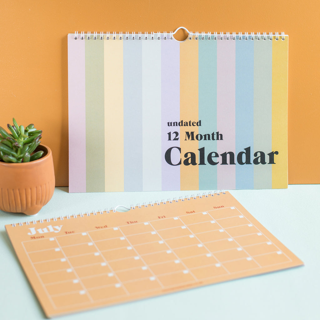 A4 Landscape, undated calendar. Pastel Colours. Start any month. 100% Recycled Paper and Made in the UK.